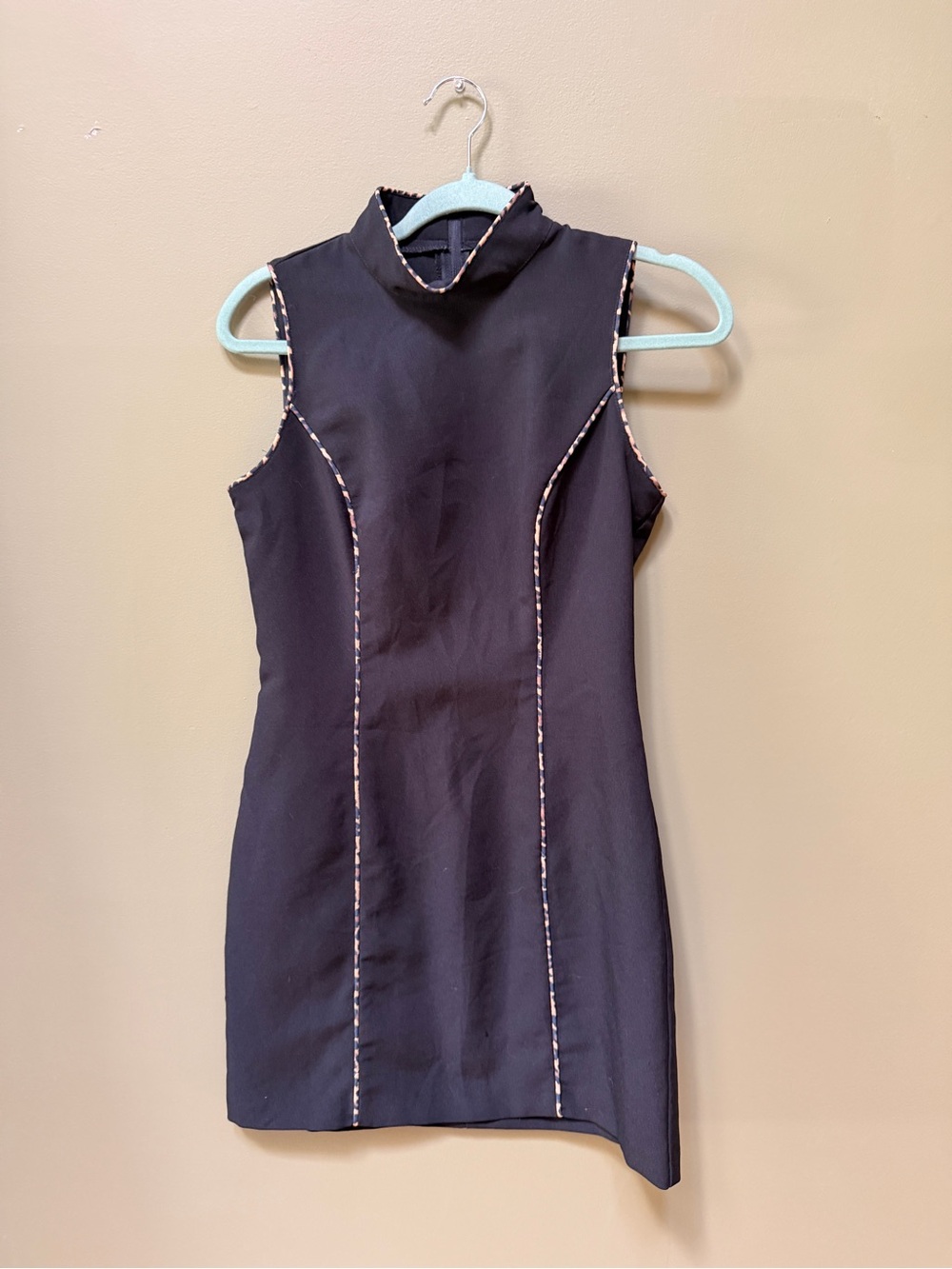 Vintage Mock-Neck Black Mini Dress with Leopard Piping